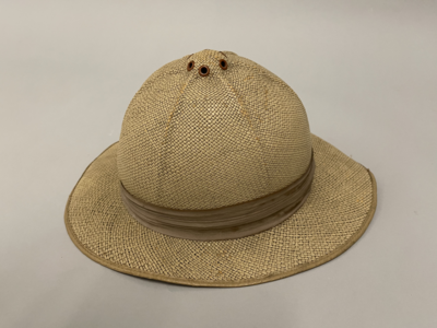 Straw Pith Helmet Wrapped With Taupe Sash Close Up